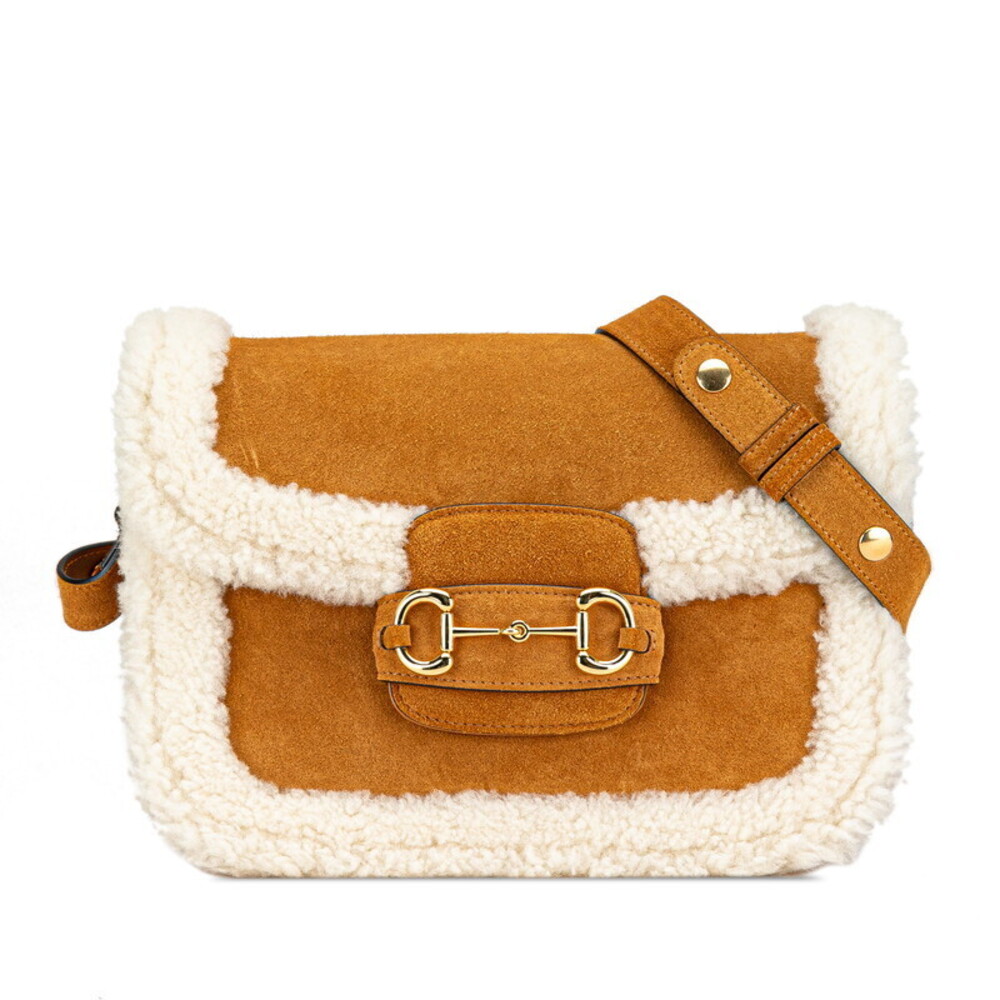 Gucci Horsebit Crossbody Shoulder Bag Beige Tan White Suede Mouton